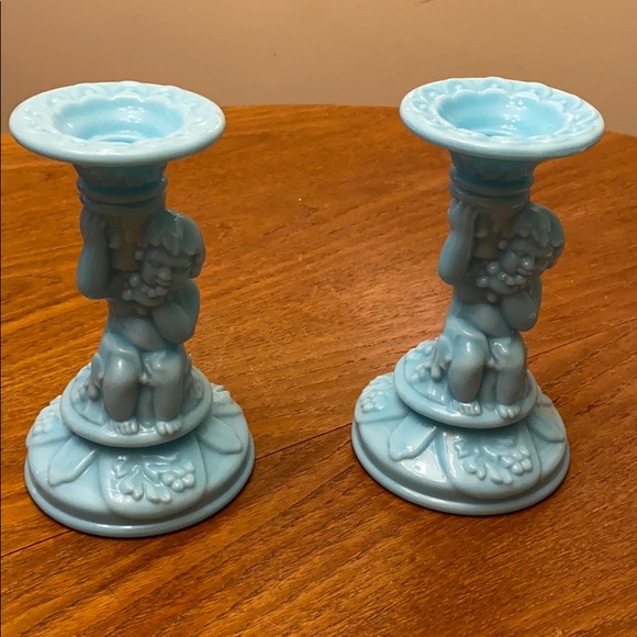 Imperial Blue milk glass cherub candle holders
